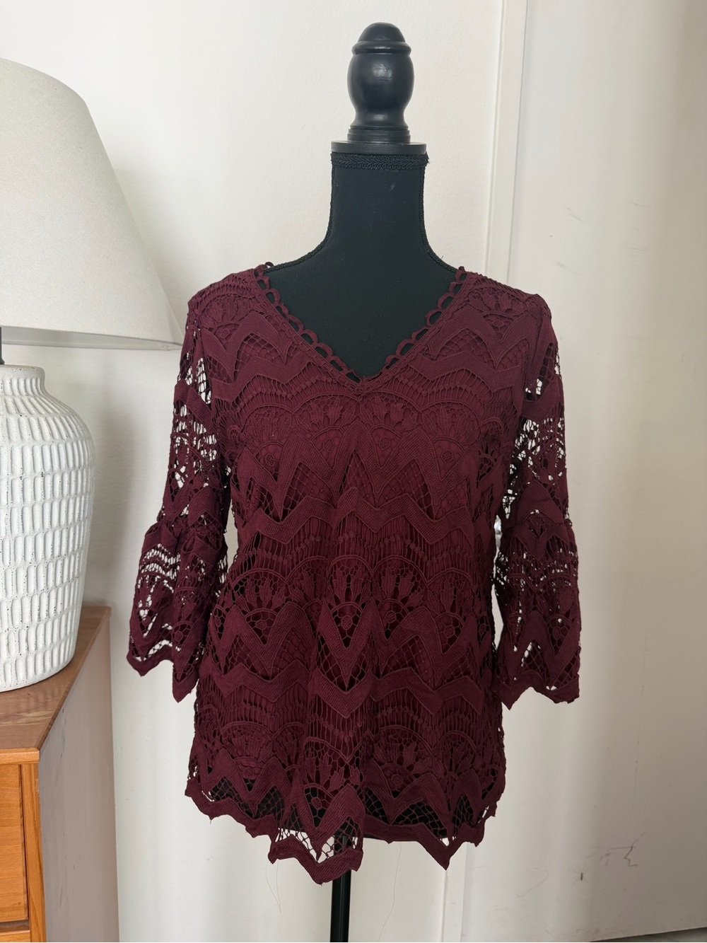Skies Are Blue Crochet V-Neck Tunic - Wine
